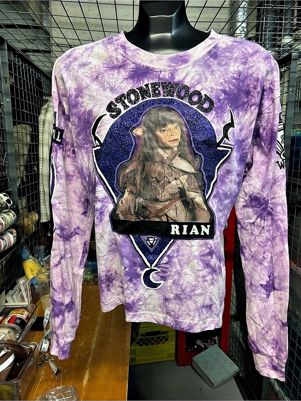 Custom Rian Dark Crystal Gelfling Purple Tie-Dye Graphic Long Sleeve Shirt L